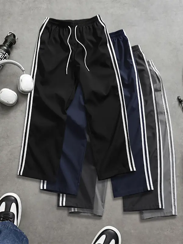 4-Pack Men’s Summer Double-Striped Long Pants — Trendy High-Street Style, Versatile Straight-Leg Loose Casual Sports/Fitness Running Pants