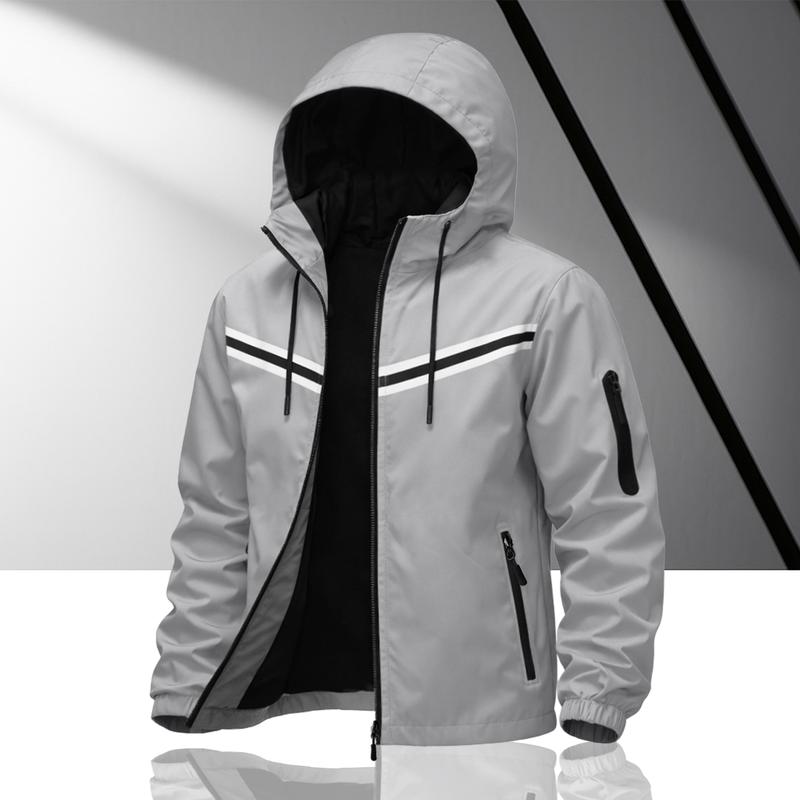 Men's double-strip reflective hooded racing jacket, light windproof fabric, zipper pocket, street function wind, daily commuting adaptation, trendy personality