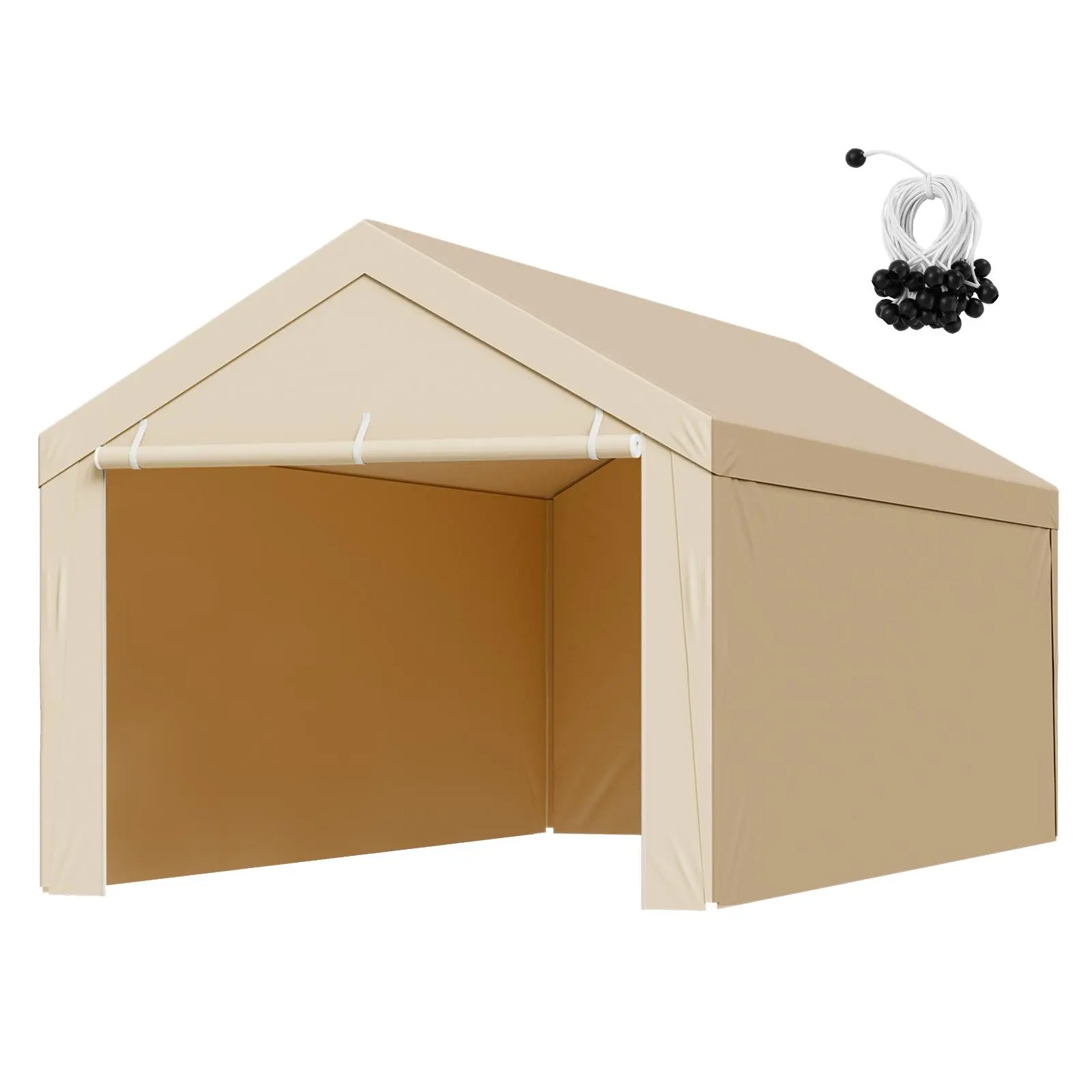 VEVOR 10x20 ft Carport Replacement Tarp, Outdoor Canopy Shelter Top with Sidewalls, UV-Resistant, Waterproof, Heavy-Duty, Beige, Includes Ball Bungees, Frame Not Included