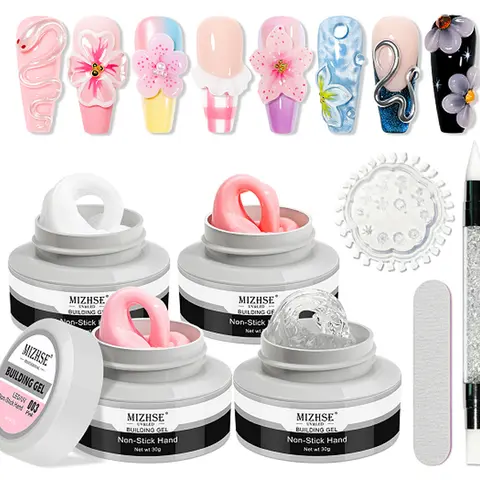 MIZHSE 4pcs 30g Solid Gel Nail Glue Kit Set - Non-Sticky Kneadable Sculpting Gel Supplies, 4 Jars + Extras, 1*Silicone Pen, DIY Nails Art, 21+ Days Long-Lasting for Home Salon Manicure & Extensions