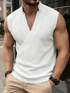 Men's Cross V Neck Sleeveless Knit Vest, Waffle Knit Stand Collar Slim Fit Tank Top Vest Tops, Textured Geometric Casual Summer Top for Business, Daily Wear, Street Style #springsaledeals2026 #summeroutfits #tiktokshopmademebuyit #menfashion