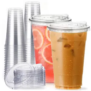 24 Oz Ice Coffee Cup with Lid, Transparent Plastic Cup, Reusable No Straw Cap, Ideal for Parties, Weddings, Events, Cold Drinks, Plastic Clear Cups
