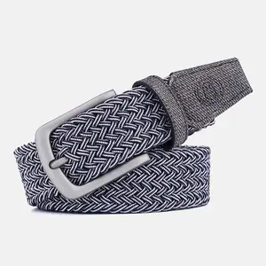 BUBBA Tech-Fit Braided Belt, Dark Blue & White with Smoke Grey Buckle, Distressed Leather Tail, Stretch-Fit, 1.4" Width
