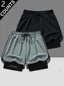 Men’s double-layer quick-dry athletic shorts, faux two-piece anti-exposure design, suitable for fitness, running, and casual wear, available in multiple colors, 2-pack