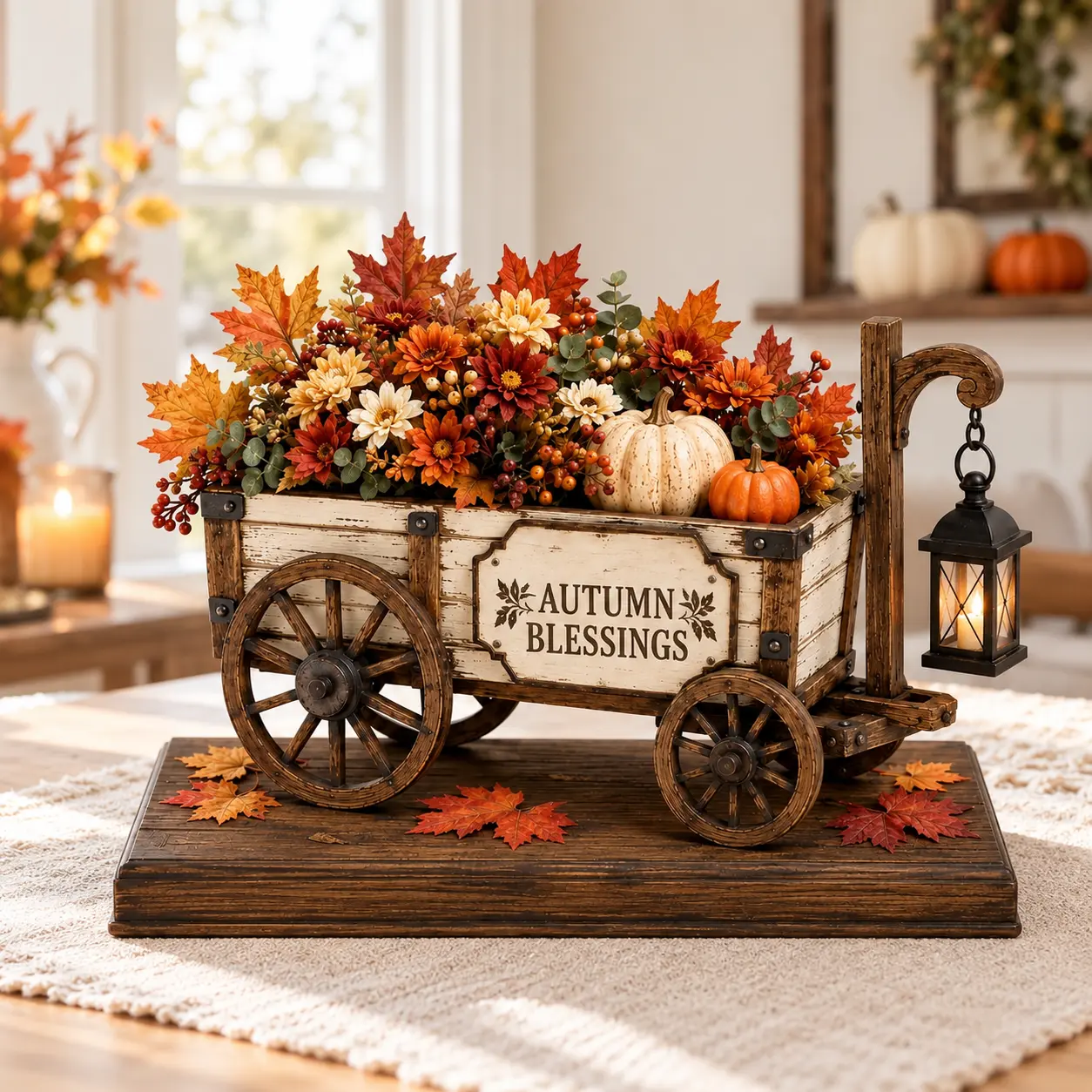 Fall Wagon Wooden Block Decor, Autumn Blessings Rustic Wooden Cart Centerpiece with Pumpkin Floral Design, Farmhouse Thanksgiving Home Decoration, Harvest Table Display, Fall Housewarming Gift