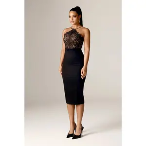 Zandra French Lace Belted Midi Dress (Black)