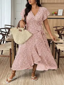 Fashion Floral Wrap Midi Dress with Ruffled Flutter Sleeves, Curve Plus Size Casual Feminine Summer Dresses Y2K Clothes Vacation Outfits Trendy Street Style Daily Date Wear Elegant Party Wear