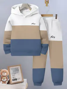 Boys' King Pattern Hoodie Set, Casual Fitted Two-Piece, All-Season Wear, Trendy Simple Style, Random Print Design