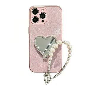 (Case & Nova.)Luxury Glitter Sparkle Phone Case with Heart Mirror Stand & Pearl Beaded Wrist Strap, Compatible with iPhone 17 Pro Max, 16, 15, 14, 13, 12, Shockproof Makeup Protective Cover