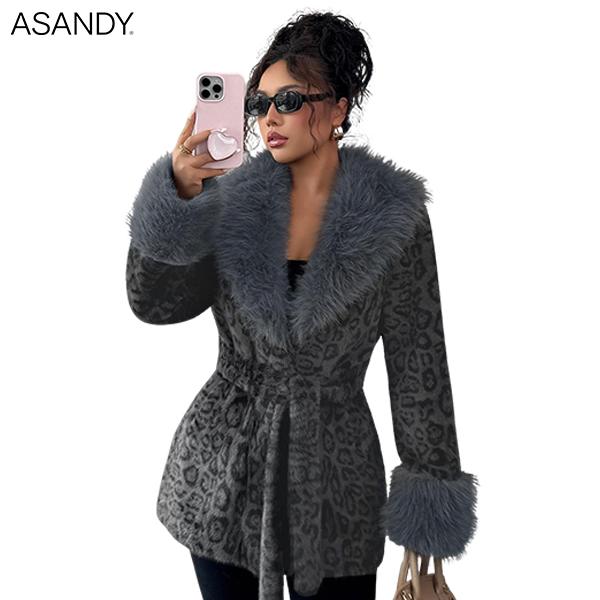 ASANDY Women’s Winter Lace-Up Leopard Print Faux Fur Coat Elegant Synthetic Leather Jacket Warm & Fashionable Outdoor Sports Coat Suitable for Cold Weather Suitable for Both Autumn and Winter