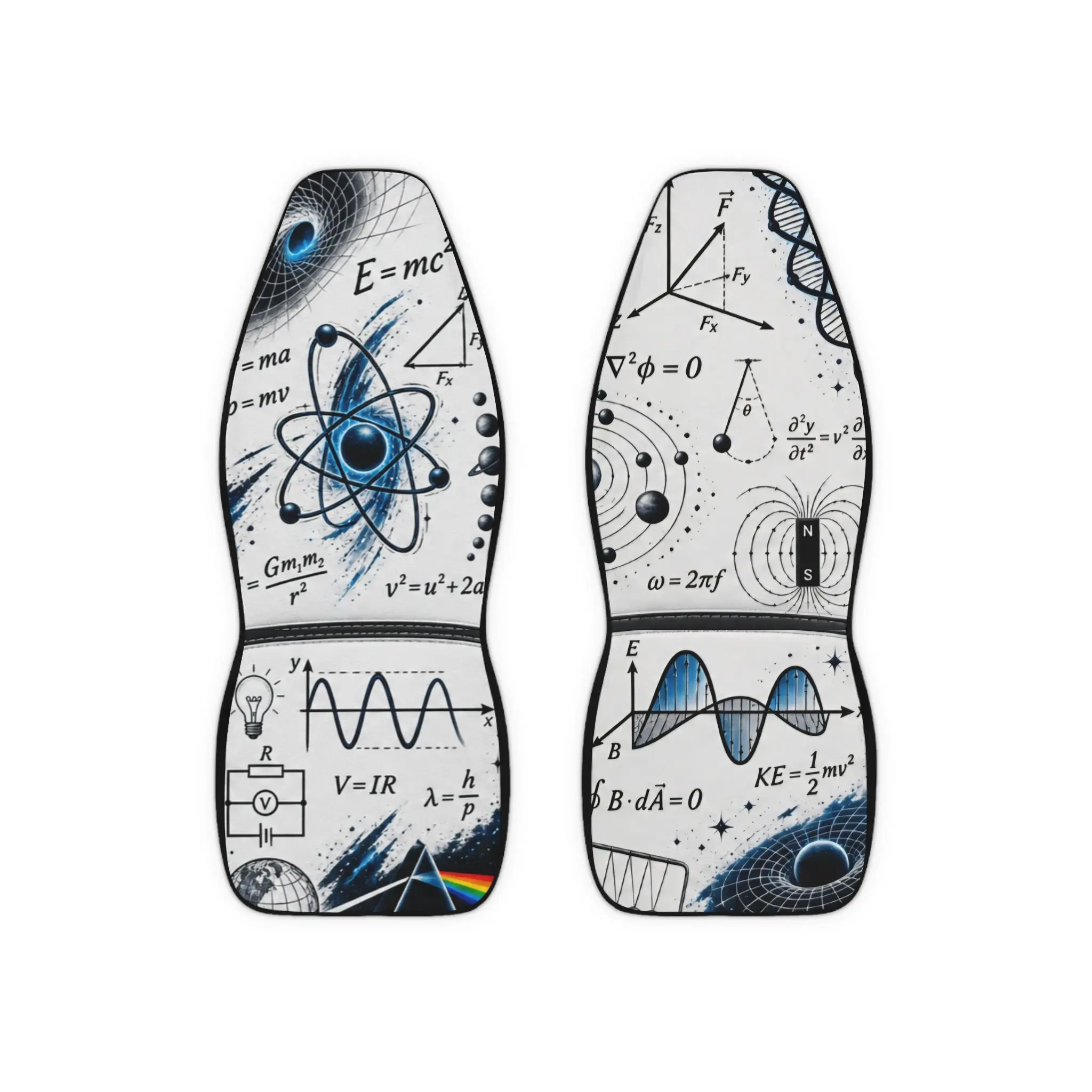 Custom Printed Science Formula Polyester Car Seat Covers — Physics Equations & Atom Design