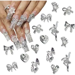 Valentines Heart Bow Nail Art Charms for Nails 3D Silver Nail Charms Butterfly Bows Heart Nail Rhinestones Crystal Nail Designs Valentines Nail Jewelry Gems for Acrylic Nails Decor Supplies 16Pcs