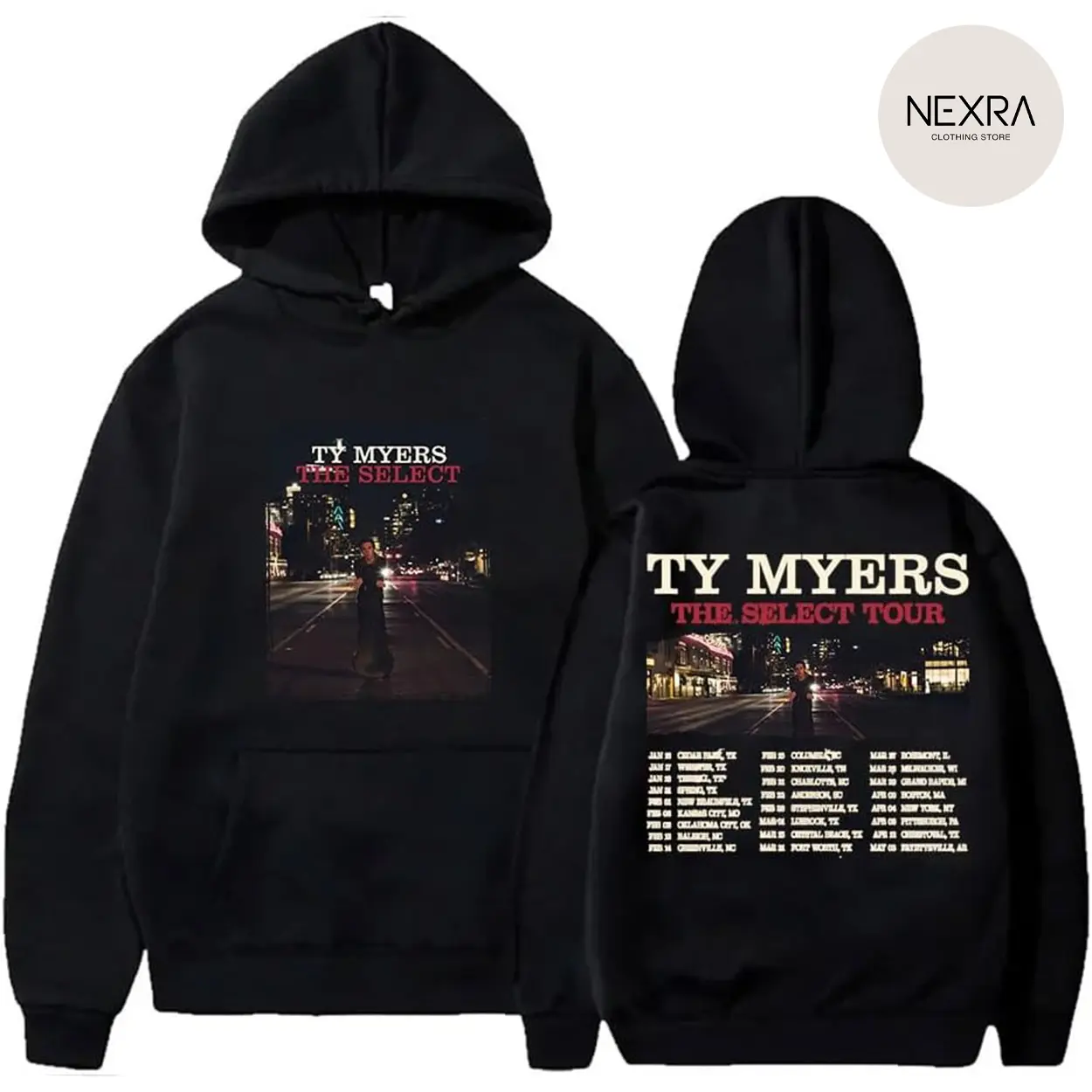 Ty Myers The Select Tour 2 Siđed Graphic Hoodie - Casual Street Style, Fleece Fabric, Pullover Hooded Sweatshirt, Tops Trendy for Women for Men