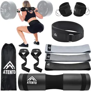 ATENTO 10Pcs Barbell Pad Set with Weight Lifting Belt, Thick Cushion Hip Thrust Pad for Bench Press, Lunges, Workout, Leg Exercise, Squat Bar Pad for Relief Pressure from Neck & Shoulder for Smith machine & Olympic Bars, with 2 Gym Ankle Straps, Hip Resis