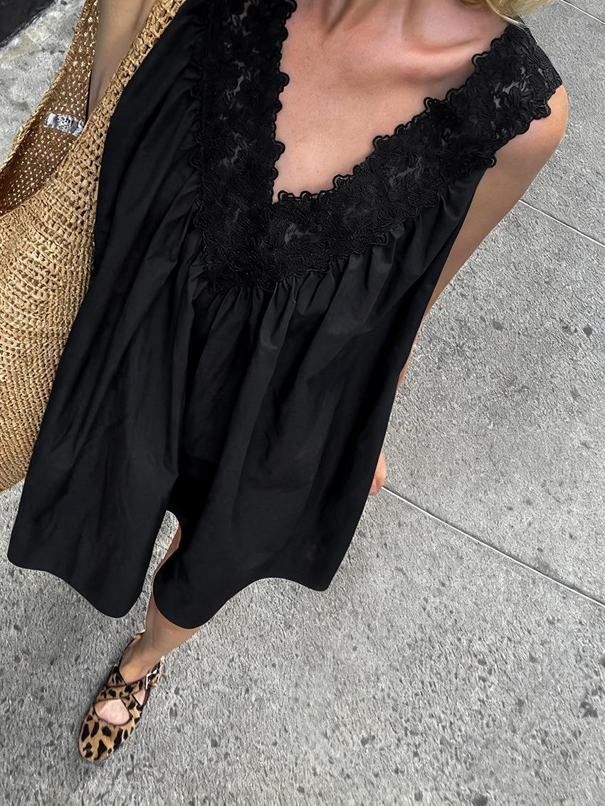 2026 Summer Pure Cotton Sleeveless V-Neck Camisole Dress for Women, Vacation Style Sleeveless Black Elegant Dress