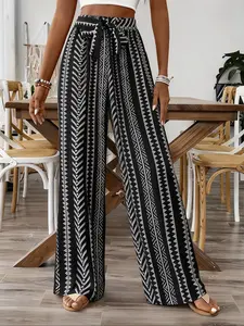 Plus Size Women's Striped Print Wide Leg Pants, Loose Belted Fashion Elegant Long Trousers, Comfortable and Stylish Casual Wear