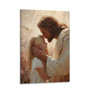 Jesus and Child  Wall Art, Warm Christian Painting Print, Faith-Inspired Neutral Home Decor, Soft Light Religious Artwork for Living Room Bedroom Nursery, Emotional Spiritual  Poster canvas