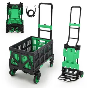 2-in-1 Folding Hand Truck Dolly with Collapsible Basket - Retractable Handle - 4 Wheels - 330lb Capacity Portable Flatbed Cart for Moving and Shopping