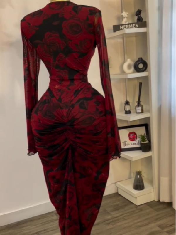 PULKRITU Women's All Over Print Cut Out Bodycon Dress, Fashion Casual Cocktail Party Dress for Daily Outdoor Wear, Women Dress for Autumn