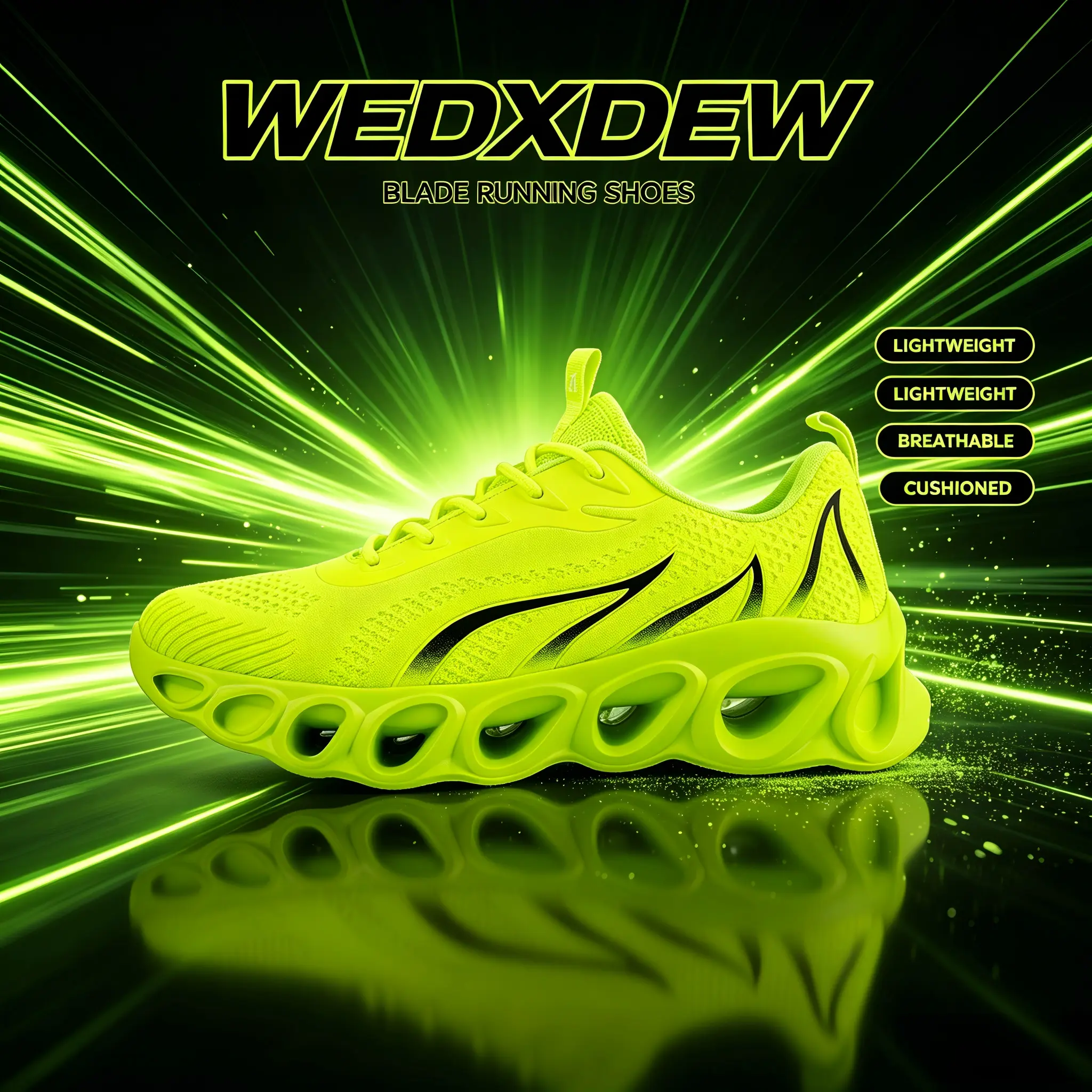 WEDXDEW Men's Round Toe Lace-Up Fluorescent Yellow Mesh Fabric Running Sneakers, Hollow Blades Shock-Absorbing Sole, Flame Pattern Non-Slip Athletic Trainers for Running, Casual Walking, Shock Absorbent, Laces Casual Trainers, Sporty Chic