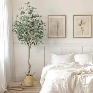 Gaomon 6FT Artificial Eucalyptus Plant with Polyester Silver Dollar Leaves, Straw Pot, Faux Decorative Fruits - Multi-Size Indoor Decor for Living Room, Office (Natural Aesthetic)