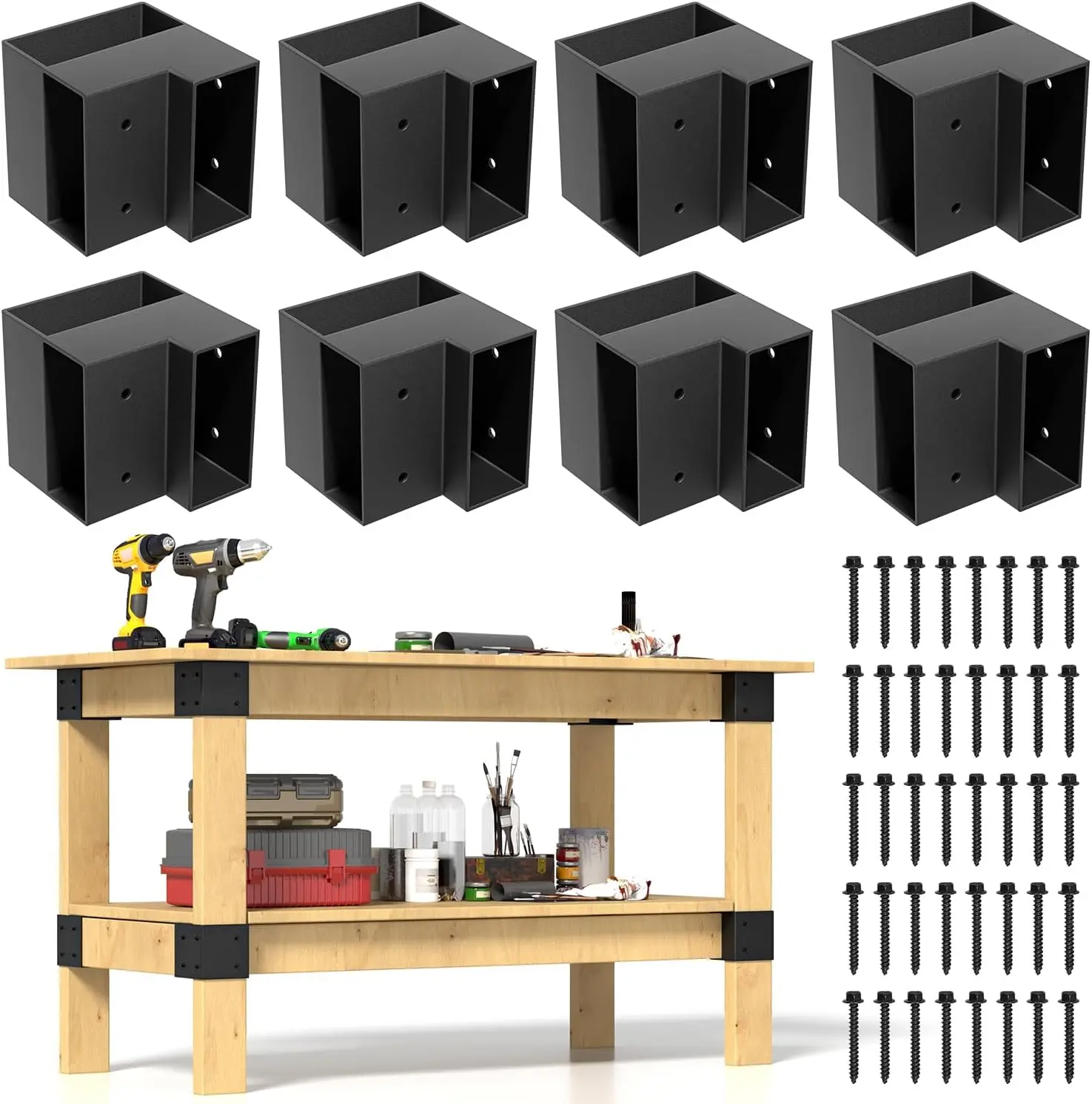 8-Piece Sturdy Heavy-Duty Workbench Bracket Kit - 3-Way Right Angle Steel Corner Brackets with Screws for 2x4 (1.5"x3.5" Actual Size), Ideal for DIY Garage Workbench, Shelving, Sturdy Bracket