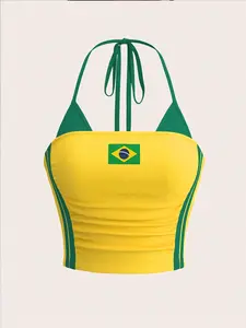 Women's Halter Top, Milk Silk Fabric, Soft and Breathable, Brazil Emblem Print, Slim Fit, Casual Style, Youthful and Trendy