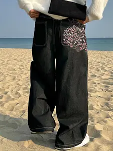 Plus Size Floral Embroidered Jeans, Loose-Fit Wide Leg Denim Jeans, Street Style Retro Fashion, All Season Wearable