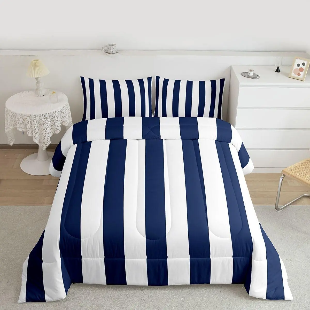 Blue&White Striped Bedding Sets Navy Blue Vertical Stripes Comforter Set Hotel Holiday Style Down Alternative Comforter Room Decor with 1 Stripe Comforter and