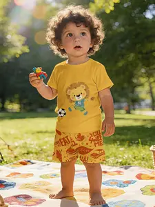 Baby Football Lion Print T-Shirt Set, Casual Short Sleeve, Perfect Gift for Infants, Daily & Outdoor Wear, 100% Polyester