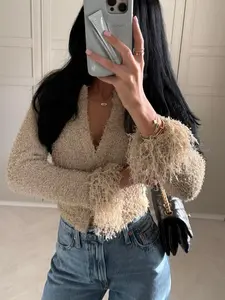 Women's V-Neck Textured Shaggy Knit Cardigan with Flared Bell Sleeves & Button Down Crop Top