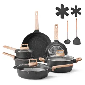 VEVOR 17 Piece Pots and Pans Set Nonstick,  Granite Cookware Set, Induction Cookwares, Kitchen RV Cooking Sets with Frying, Sauce, Saute, Tempered Glass Lids, and Pan Protectors, Black
