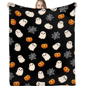 Halloween Skeleton Bat Pumpkin Flannel Blanket, Ultra Soft Plush Throw for Bed Sofa Office, Perfect Fall Winter Decor Gift