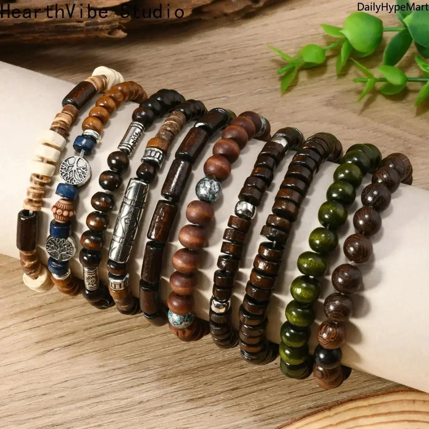 HearthVibe Studio 10-Pcs Unisex Bohemian Handmade Wooden Beaded Bracelet Set - Stackable Bracelet Stack, Casual Daily Fashion Accessory, Ideal Anniversary Jewelry for Men and Women