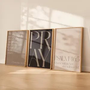 Christian Wall Art Set of 3 for Her | Neutral Scripture Prints | PRAY Poster, Proverbs 31 25, Psalm 46 5 | Feminine Bible Verse Decor