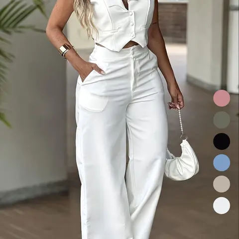 New Women's Pants Set, Sleeveless Fitted Waist Cinching Vest Set, Wide Leg Pants, Minimalist Elegant Office Lady Commuter Two-Piece Suit, Two Pieces Outfits