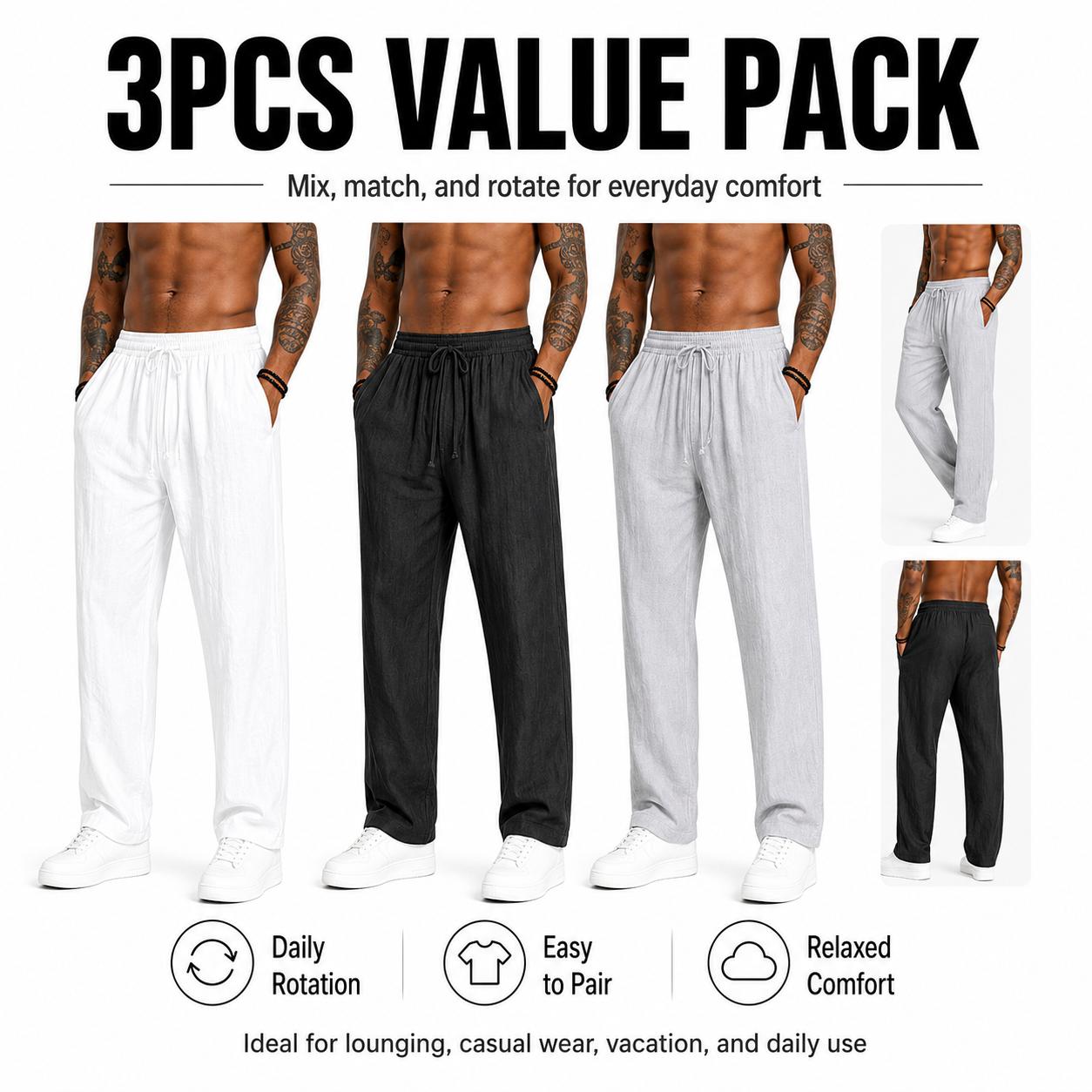 3-pack men’s casual pants, 100% cotton-linen comfortable, soft, breathable, lightweight drawstring pants with pockets, suitable for summer everyday wear, sports, leisure, and outdoor beach activities.