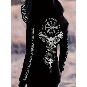 Vintage Gothic Viking Pattern Hoodie, Casual Zip-Up Long-Sleeve Drawstring Sweatshirt, Women’s Top
