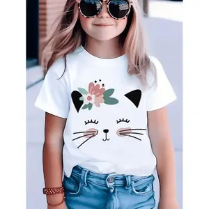 [Summer Kitten T-shirt] Summer Kitten Flower Print T-shirt | Children's Round Neck Short Sleeve | Black White Pink