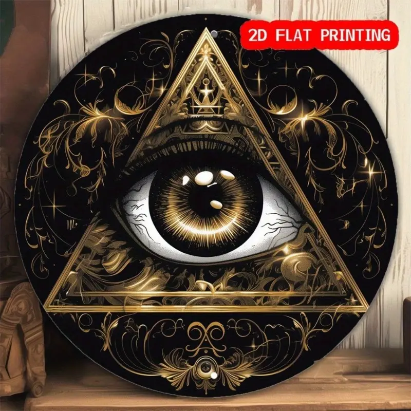 1PC Vintage All-Seeing Eye Round Hangable Wall Hanging Decor Decoration Aluminum Metal Mystical Triangle Design With Golden Accents For Home Decor 8x8 Inch Round Wall Art Plaque