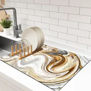 1Pc Golden Fluid Coffee Machine Mat Dish Drain Mat Non Slip Washable Diatomaceous Earth Drying Mat, Perfect Water Bar Decoration, Suitable For Countertops And Kitchens, Water Absorbing And Drainage Mat