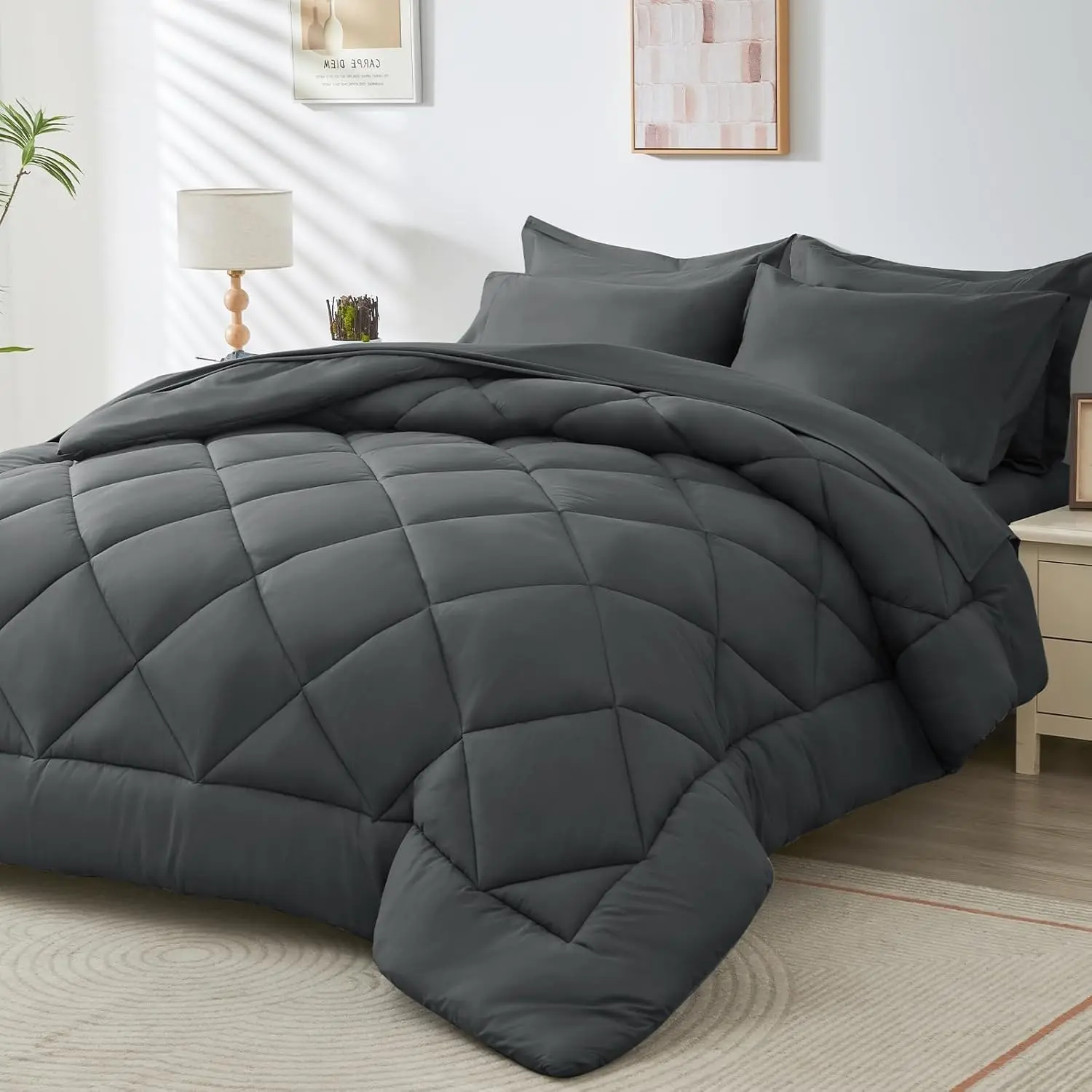 7-Piece Queen Bed Comforter Set - All Seasons Reversible Bed in a Bag, Brushed Microfiber, Baffle Box Construction, Breathable, Durable, Deep Pocket Fitted Sheet, Dark Grey, Breathable Quilt Set, Bedding Sets
