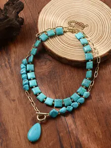 High Quality Turquoise Beads Necklace for Women, Bohemian Ethnic Style Two Rows Layered Turquoise Teardrop Pendant Necklace, Elegant Jewelry Accessory, Daily Wear, Gift For Her