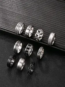 10-Piece Punk Stainless Steel Men's Rings Set, Sporty Design, All Seasons, Perfect for Casual, Parties, Holidays, No Box Included, Stackable Finger Rings