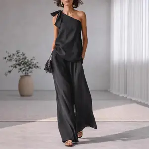 Spring/Summer 2026 New Sleeveless Shoulder Top with Tie Detail and Wide Leg Pants