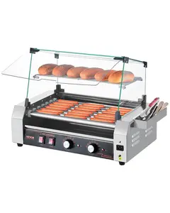 【Summervibes】VEVOR Hot Dog Roller, 30 Hot Dog 11 Rollers, Stainless Steel Sausage Grill Cooker, 1600W Commercial Hot Dog Machine with Dual Temp Control, Cover, Side Storage Box, Removable Shelf & Oil Drip Tray