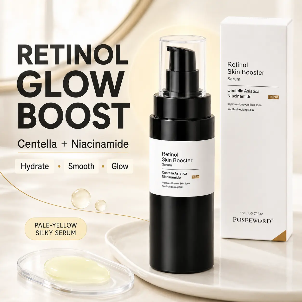 Retinol Face Serum with Niacinamide & Centella Asiatica, Lightweight Hydrating Glow Serum for Dull Skin, Smooth Texture, Korean Skincare, 150ml