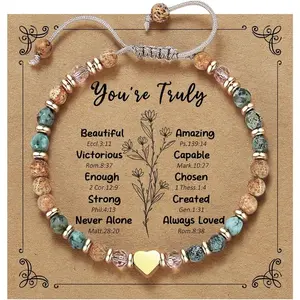 Natural Picture Stone Heart Pendant Bracelet with Rose Quartz & Gold Beads, Love & Courage Healing Crystal Jewelry, Perfect Gift for Women, Sisters & Friends for Christmas, Thanksgiving & Daily Wear, Heart Shaped Bracelet