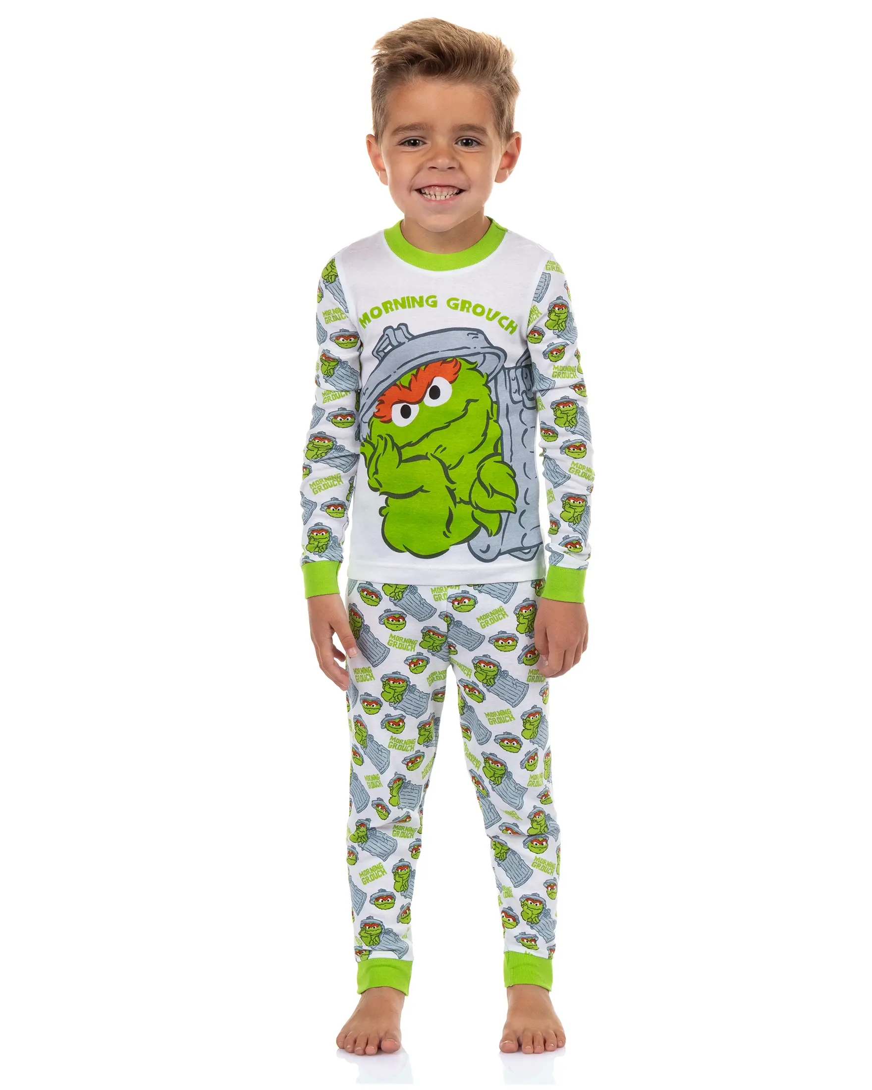 Sesame Street Oscar the Grouch Toddler Boys' Long Sleeve Tight Fit Pajama Set, Machine Washable Oscar Design Cute Sleepwear Clothes