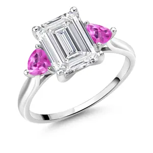 Gem Stone King 3.6 Cttw 10K White Gold IGI Certified VS Lab Grown Diamond & Pink Created Sapphire 3-Stone Engagement Ring For Women | Center Emerald Cut 3 Cttw | 4MM Trillion | Sizes 5-10